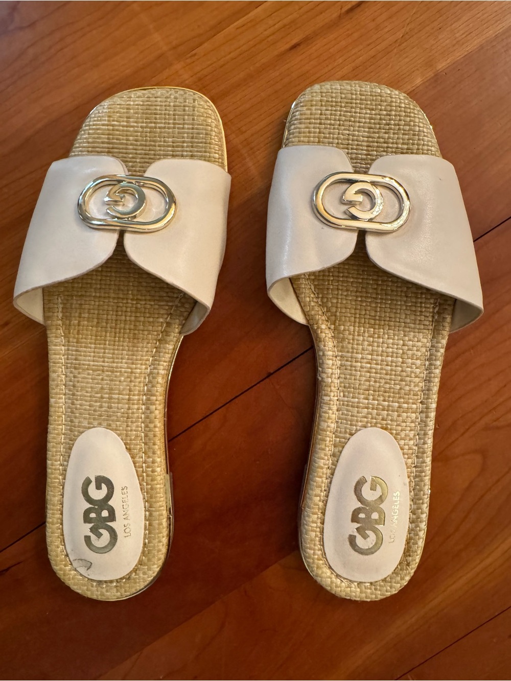 GBG Los Angeles Women's Cream Slide Sandals with Gold Accent